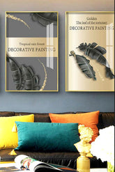 TPFLiving Leinwandbild Kunstdruck - Nordic Art Goldene Blätter und Federn auf schwarzem Hintergrund - OHNE Rahmen - Bilder Wohnzimmer- Modell A